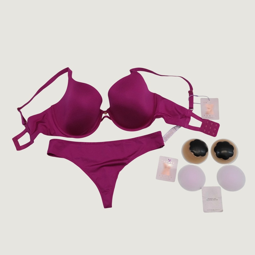 NWT Savage X Fenty Lingerie Set Women Magenta Bra Thong 36DDD M Intimates - Picture 1 of 9
